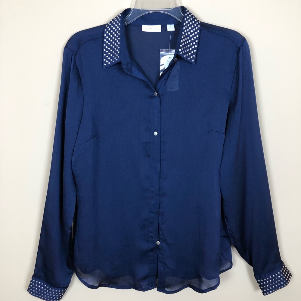 Semi Sheer Navy Blouse Silver Embellishment